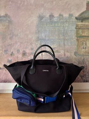 CINCHA Black Canvas Go-Tote Jet + Navy Pouch + Striped Belt - Mint Condition